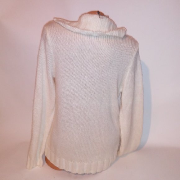 St Johns Bay Sweater Large Ivory Cream Chunky Knit Turtleneck Cowl Neck Pullover - Picture 7 of 9